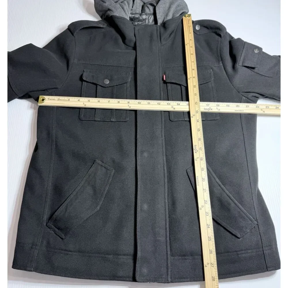 Levis Jacket Mens M Black Wool Blend Hooded Lined Quilted Pea Coat